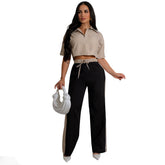 Striped Shirt Top Casual Baggy Straight Trousers Set